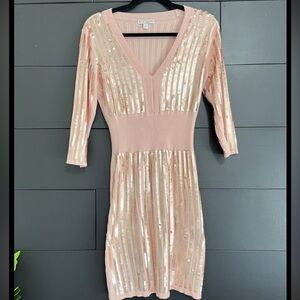 Pink Sequin V-Neck Knit Dress
